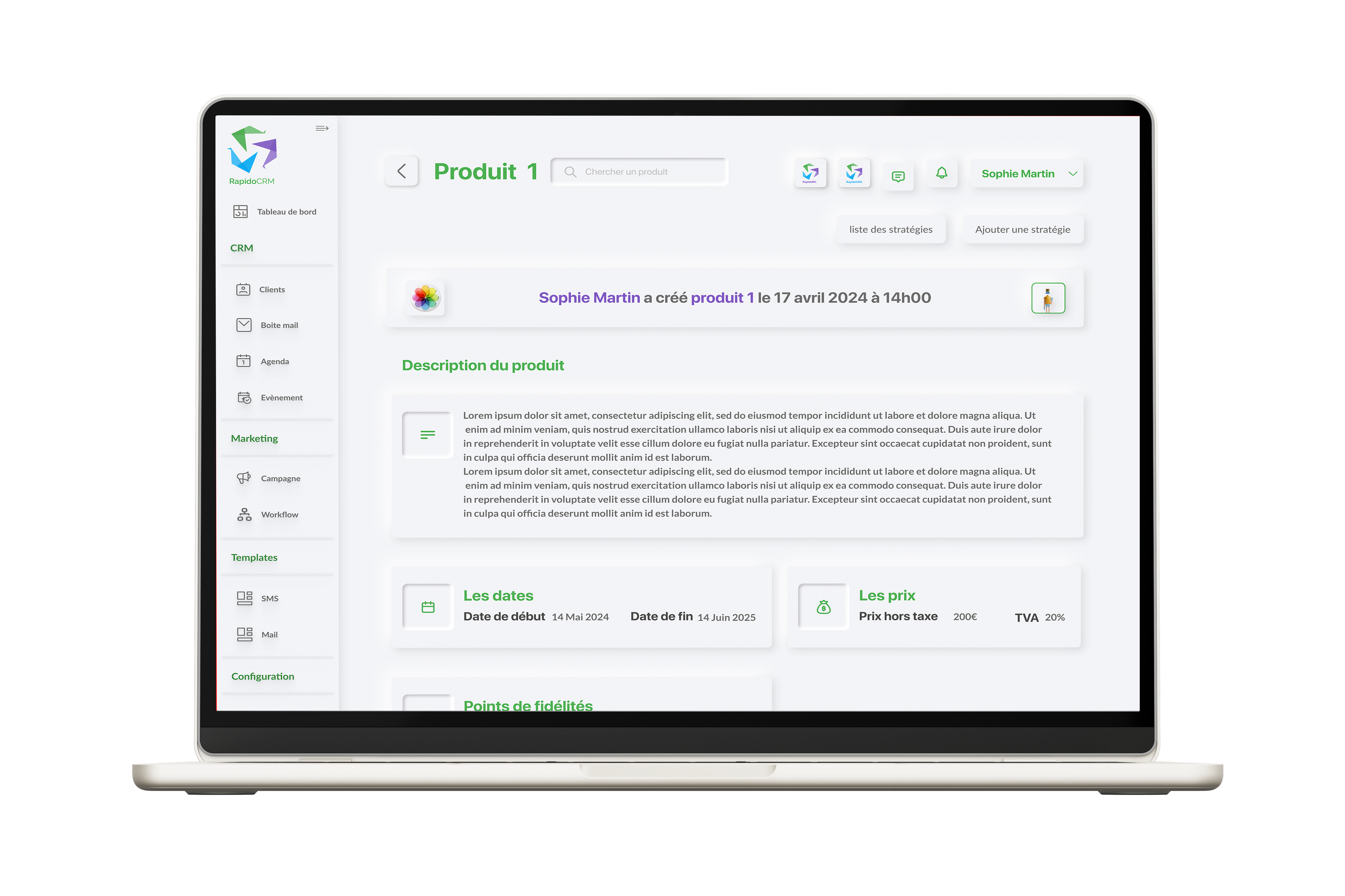 Vue de l'interface RapidoCRM affichant la gestion des fichiers avec option de tri, filtres et actions sur les documents professionnels