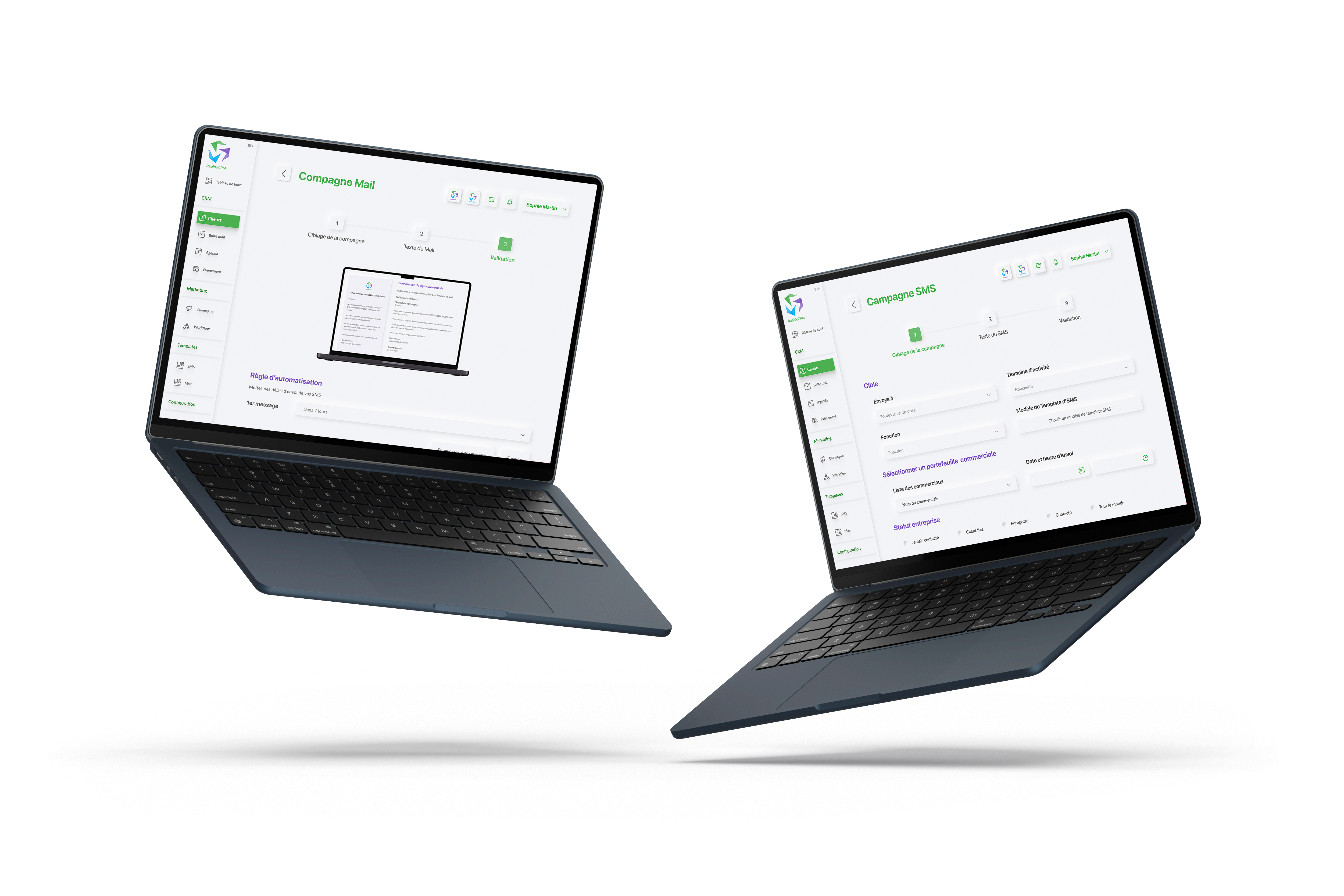 Aperçu des templates de newsletters RapidoCRM prêts à l’emploi, personnalisables pour vos campagnes marketing par e-mail.