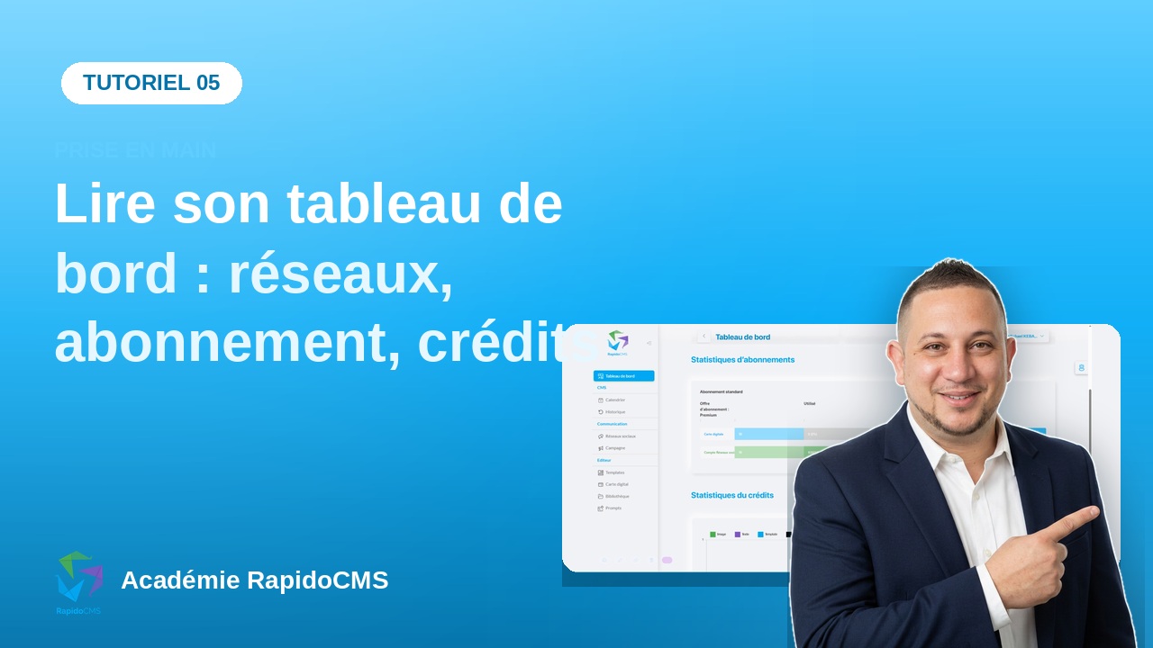 Tutoriel vidéo RapidoCMS — Lire son tableau de bord : réseaux, abonnement, crédits : vignette de la vidéo