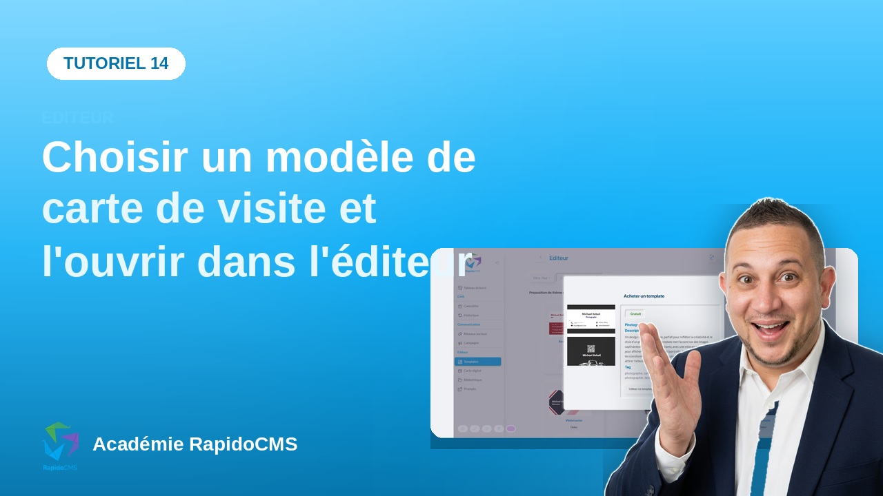 Tutoriel vidéo RapidoCMS — Choisir un modèle de carte de visite et l'ouvrir dans l'éditeur : vignette de la vidéo