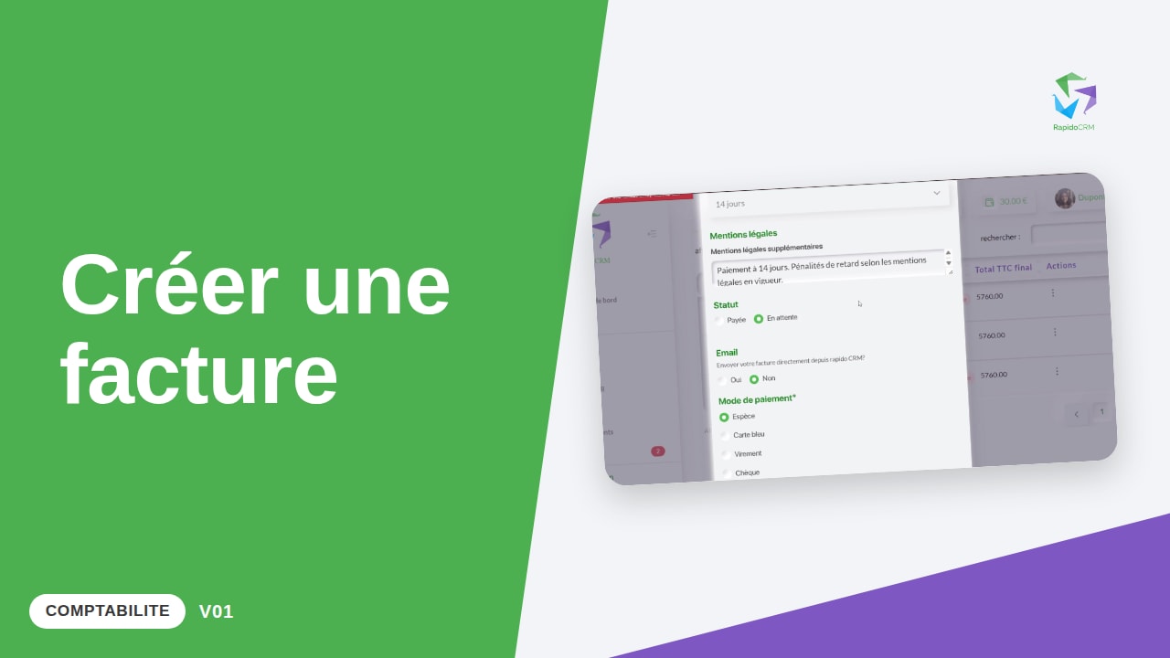 Tutoriel vidéo RapidoCRM — Créer et modifier une facture : vignette de la vidéo