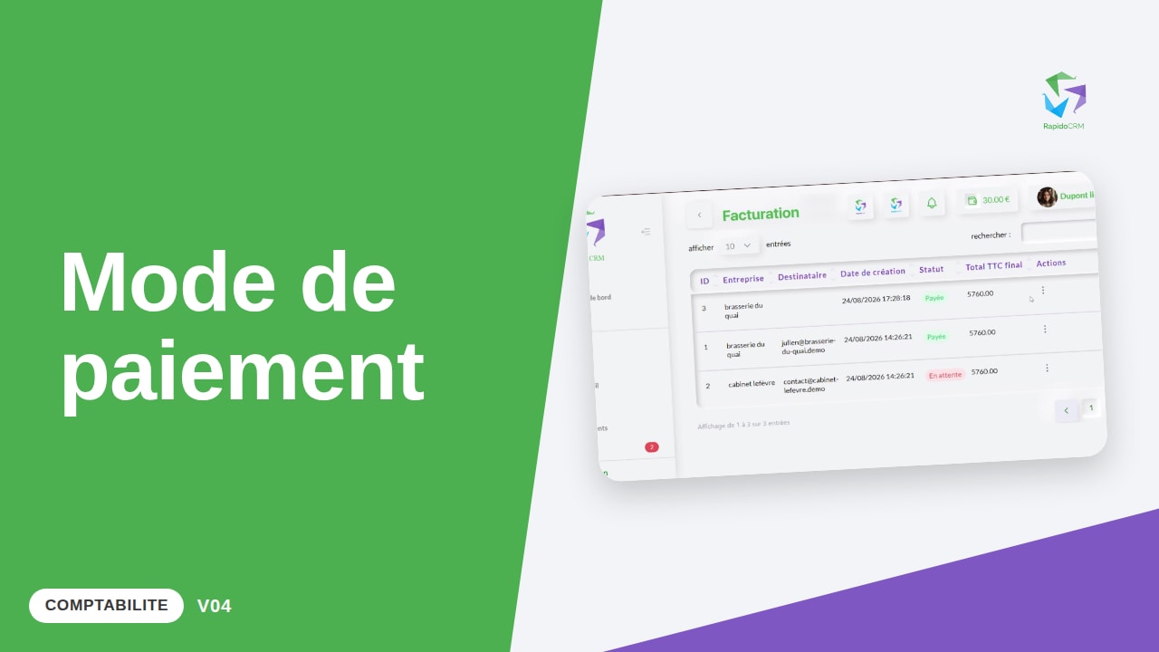 Tutoriel vidéo RapidoCRM — Renseigner le mode de paiement d'une facture : vignette de la vidéo