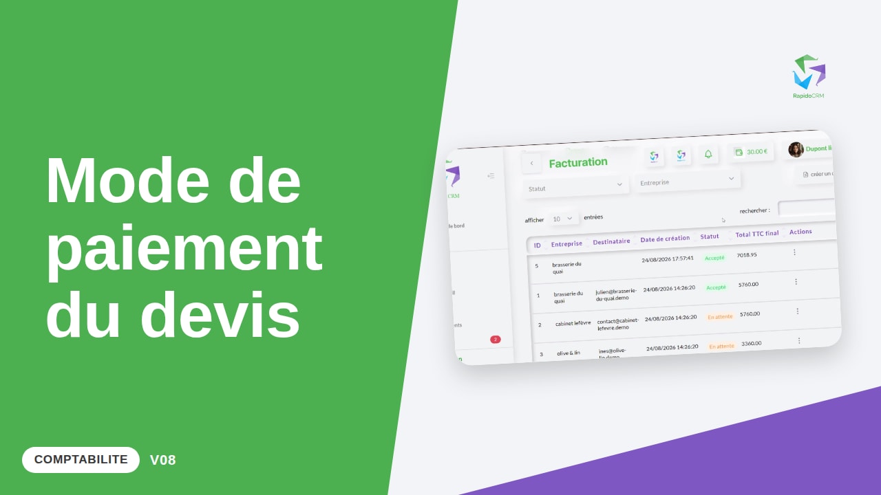 Tutoriel vidéo RapidoCRM — Renseigner le mode de paiement d'un devis : vignette de la vidéo