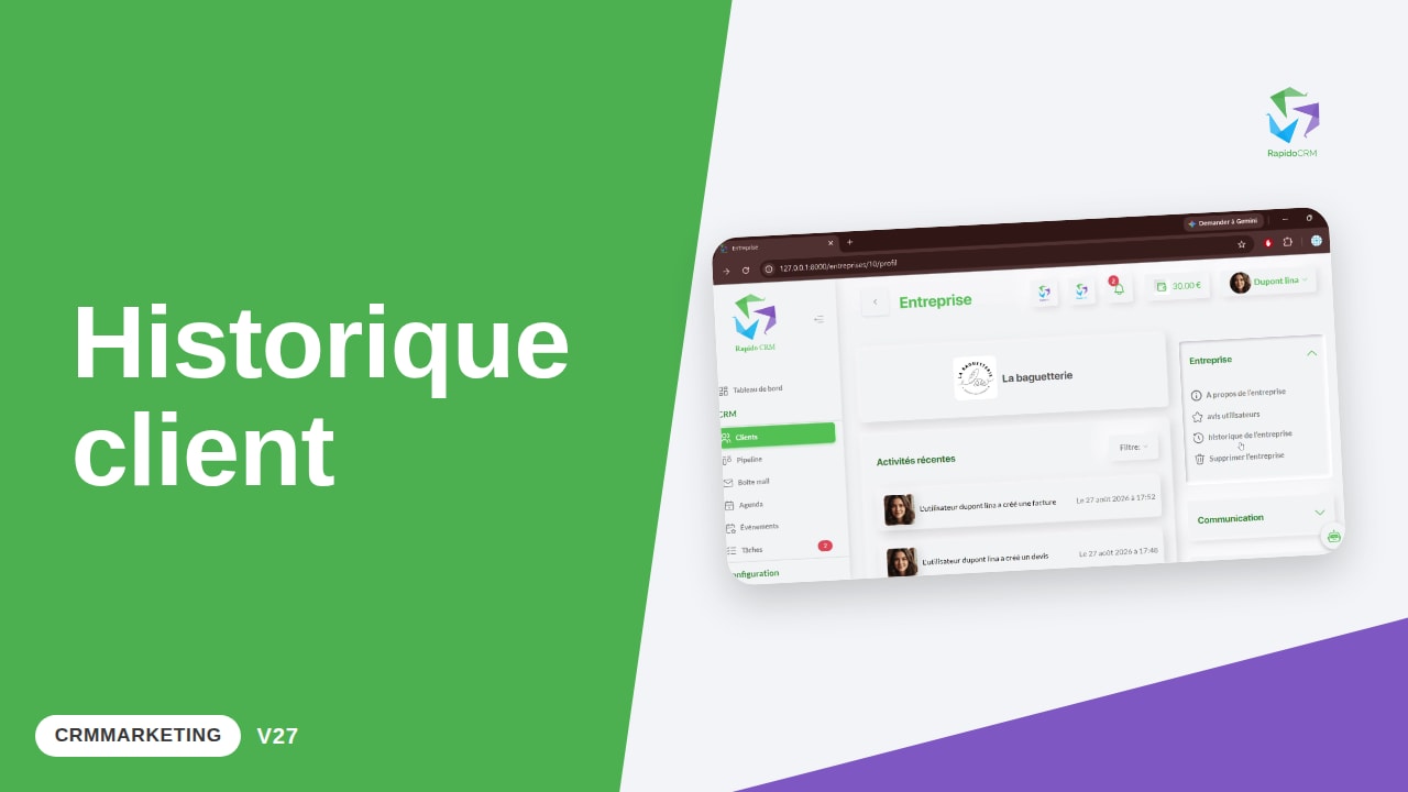 Tutoriel vidéo RapidoCRM — Historique de l'entreprise : vignette de la vidéo