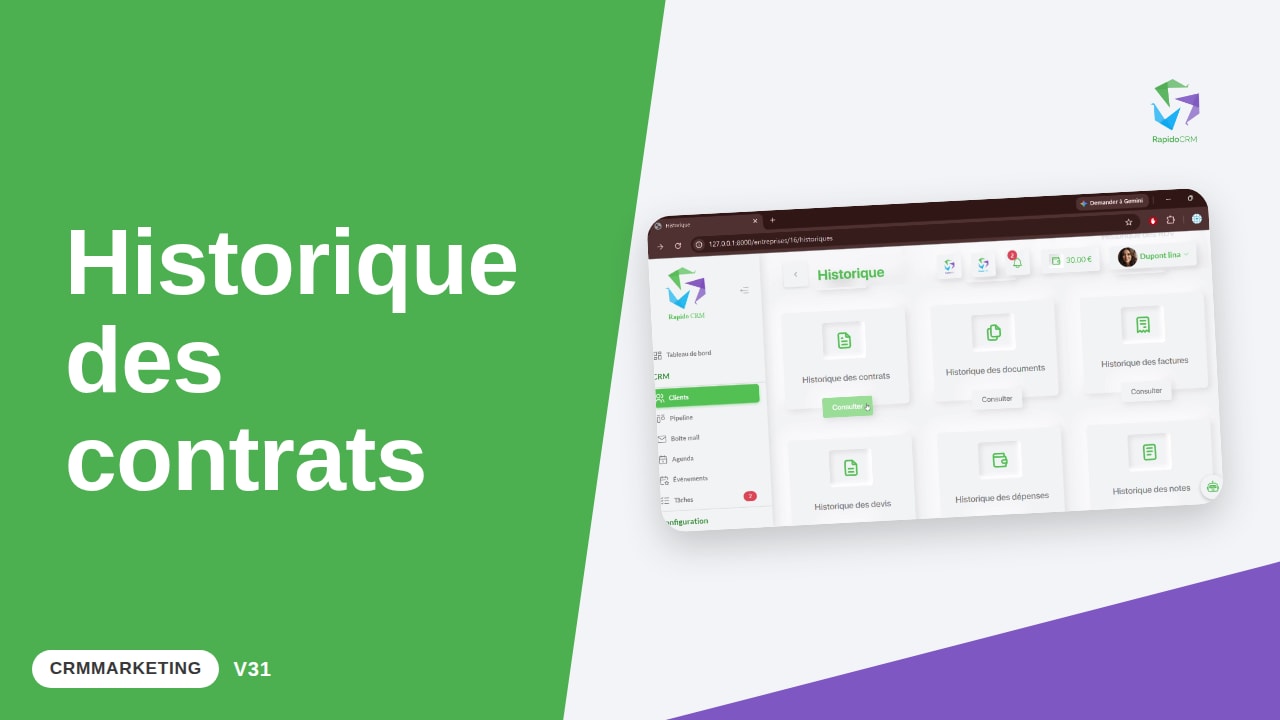 Tutoriel vidéo RapidoCRM — Historique contrat : vignette de la vidéo