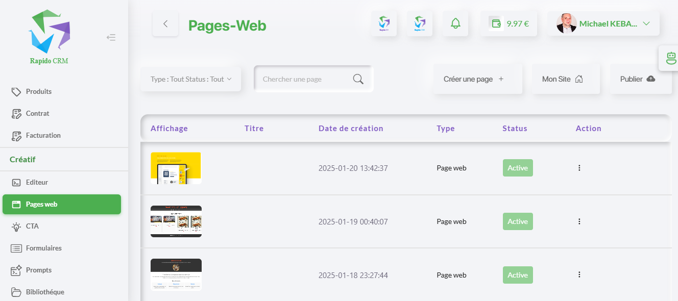 Interface RapidoCRM affichant la section Pages web, permettant la création, modification et publication de contenus en ligne
