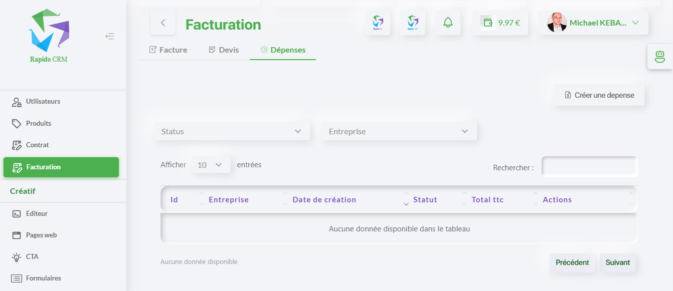 Aperçu de la page Dépenses RapidoCRM pour enregistrer, suivre et catégoriser vos frais professionnels efficacement.