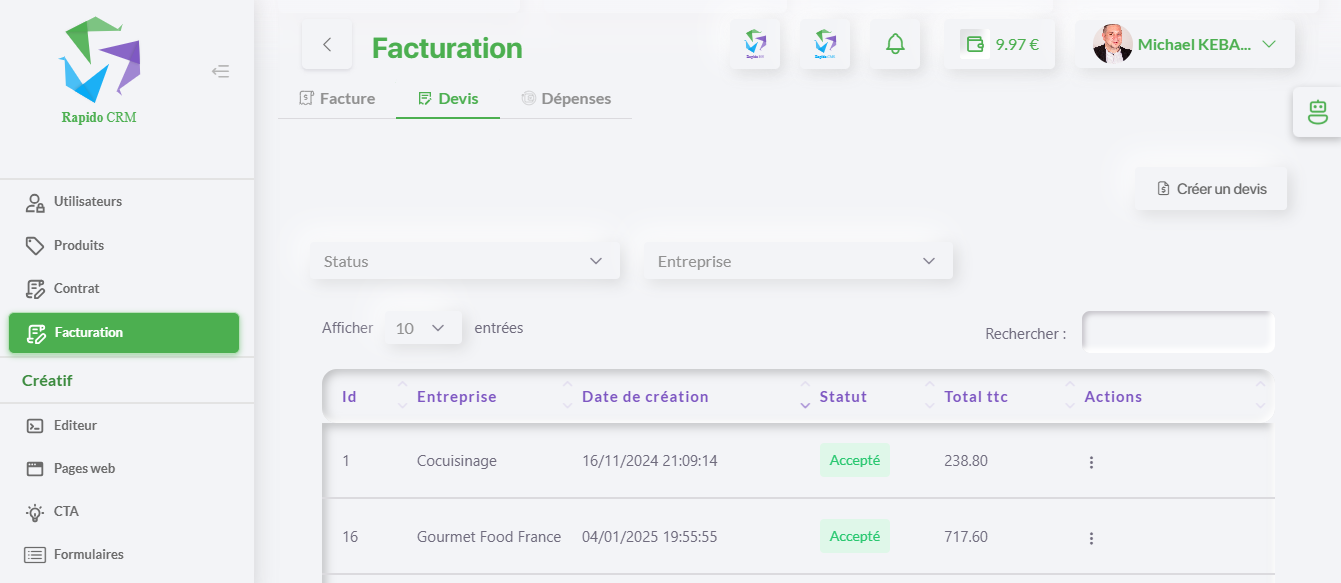 page Devis RapidoCRM montrant la création, personnalisation et le suivi des devis pour une gestion commerciale efficace.