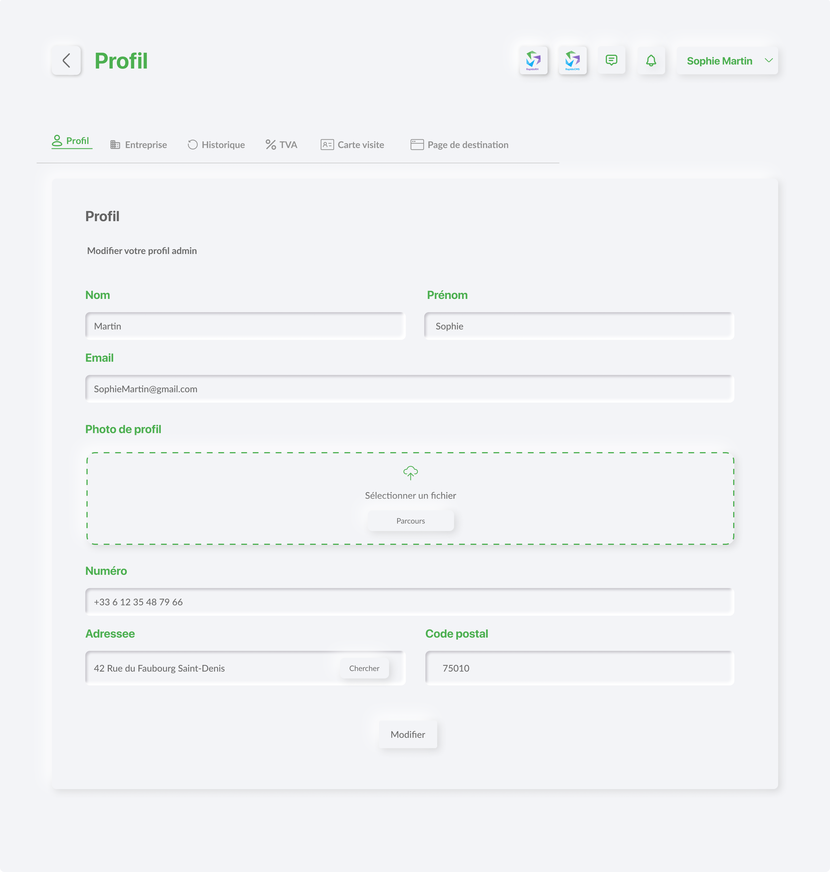 Paramètre du Profil Admin